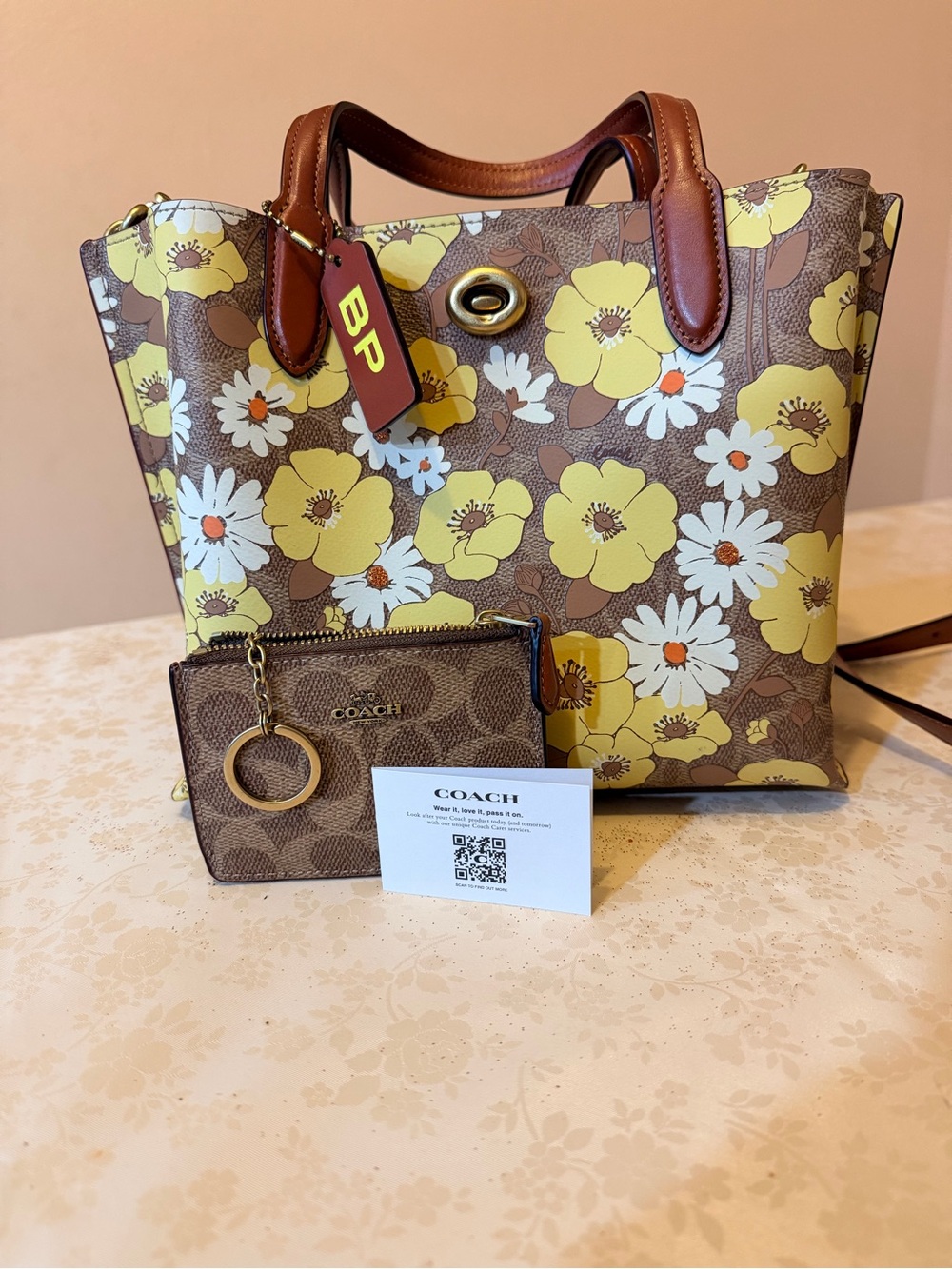 COACH Brown Canvas Tote with Yellow & White Floral Print